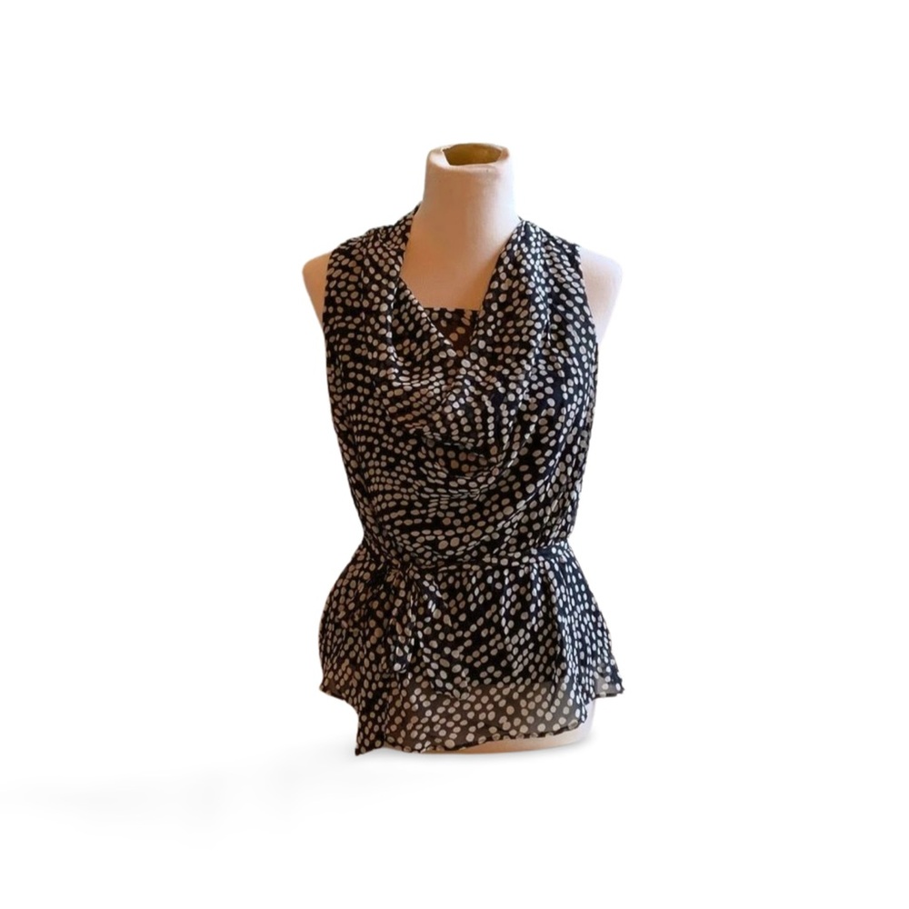 Ann Taylor Black & White Polka Dot Belted Sleeveless Blouse | Petite Medium